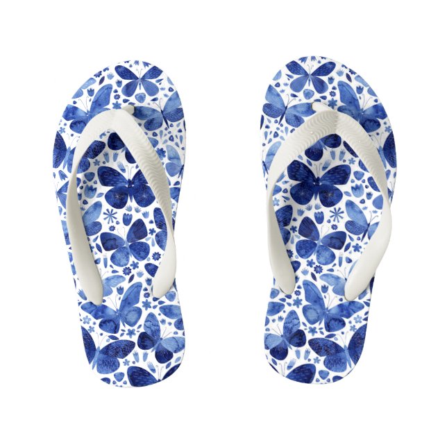 Butterfly Watercolor Blue Kid's Flip Flops (Footbed)