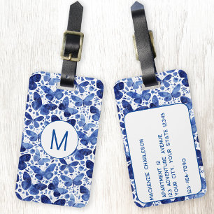 Butterfly Watercolor Blue Monogram Luggage Tag
