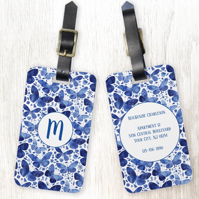 Butterfly Watercolor Blue Monogram Luggage Tag (Creator Uploaded)