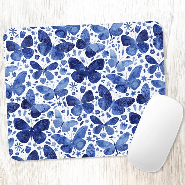 Butterfly Watercolor Blue Mouse Mat (Navy indigo blue watercolor butterfly pattern art mousemat)