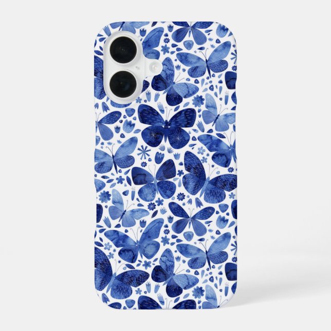 Butterfly Watercolor Blue Pattern iPhone 16 Case (Back)