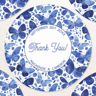 Butterfly Watercolor Blue Thank You Personalised Classic Round Sticker