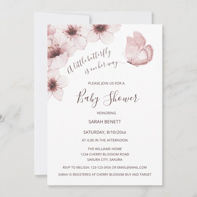 Butterfly Watercolor Cherry Blossom Baby Shower Invitation (Front)