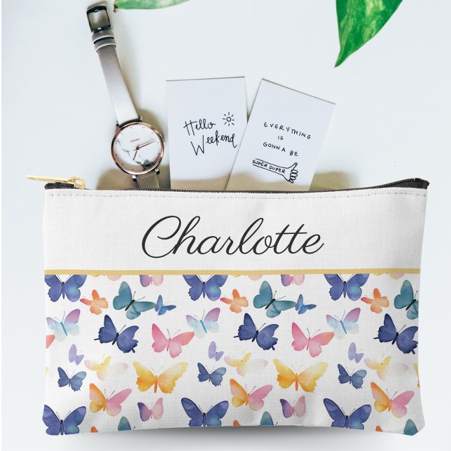 Butterfly Watercolor Colourful Pattern Custom Name Accessory Pouch (Creator Uploaded)