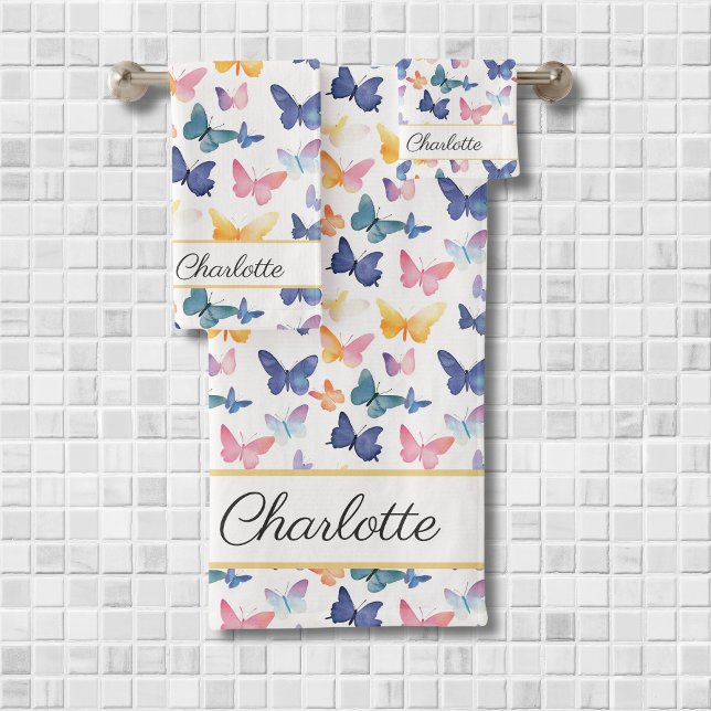 Butterfly Watercolor Colourful Pattern Custom Name Bath Towel Set (Creator Uploaded)