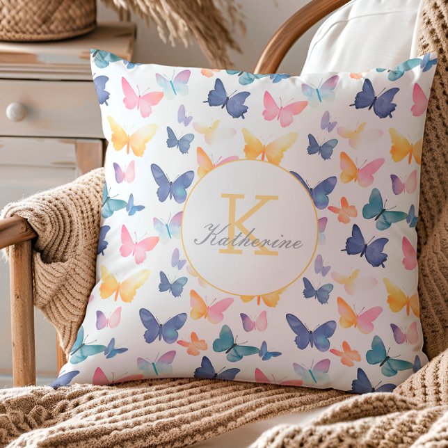 Butterfly Watercolor Colourful Pattern Custom Name Cushion (Creator Uploaded)