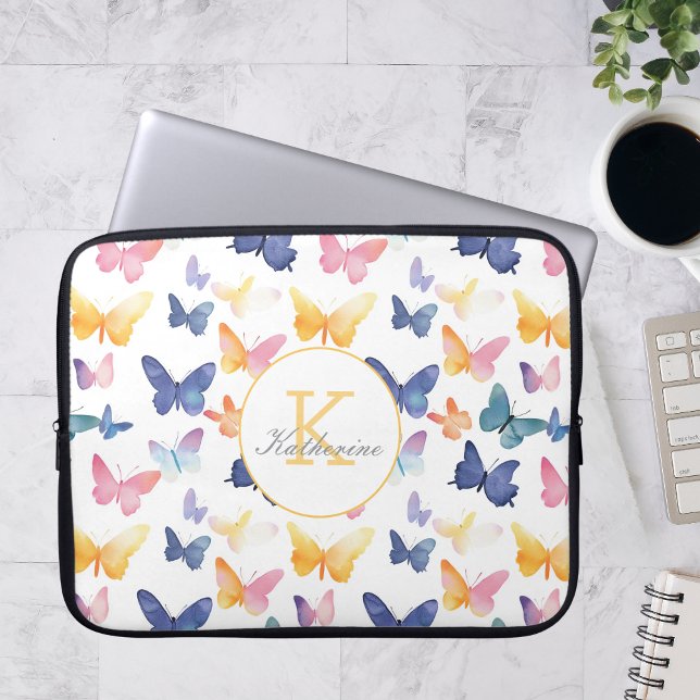 Butterfly Watercolor Colourful Pattern Custom Name Laptop Sleeve (Creator Uploaded)
