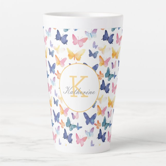 Butterfly Watercolor Colourful Pattern Custom Name Latte Mug (Front)