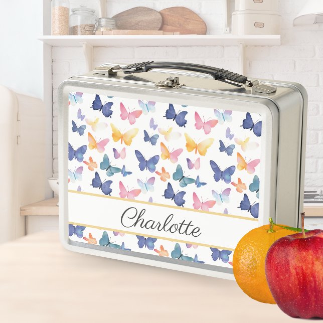 Butterfly Watercolor Colourful Pattern Custom Name Metal Lunch Box (Creator Uploaded)