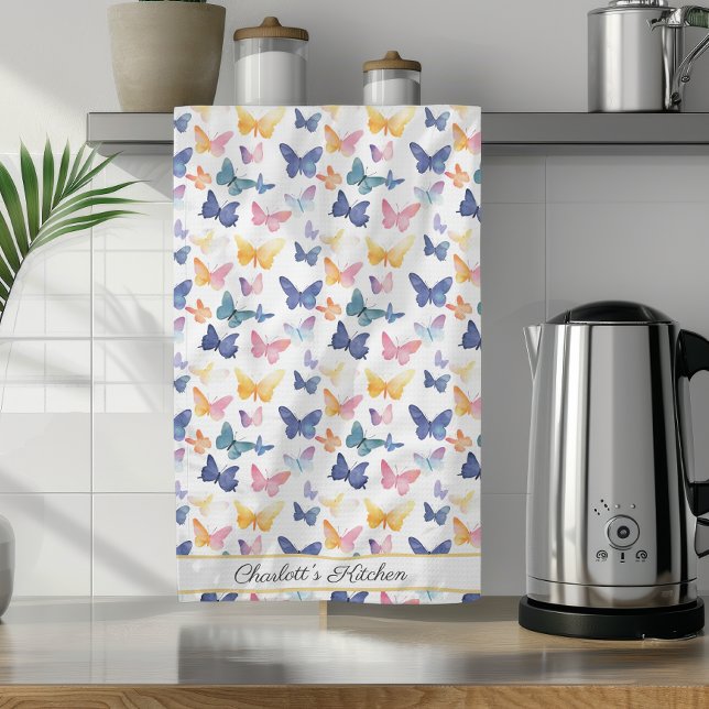 Butterfly Watercolor Colourful Pattern Custom Name Tea Towel (Creator Uploaded)