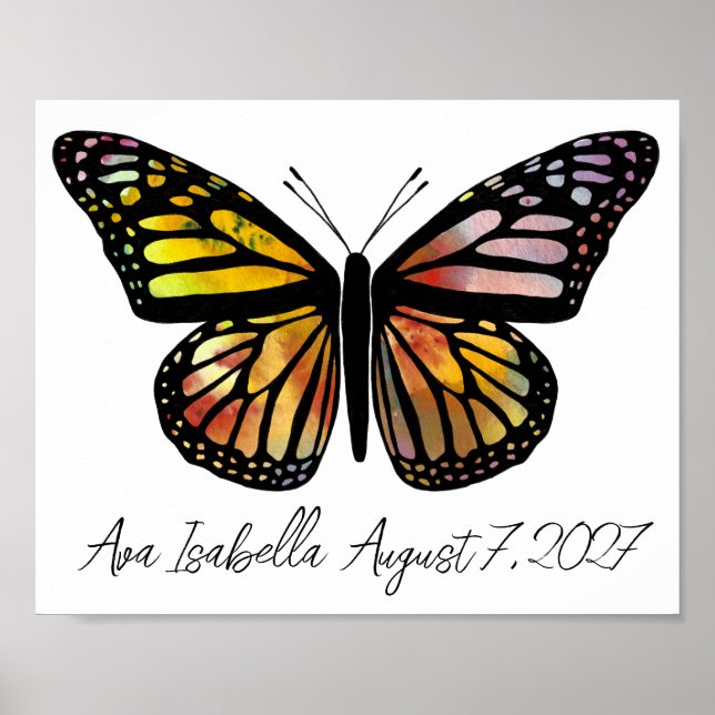 Butterfly Watercolor CUSTOM BABY NAME BIRTHDATE Poster (Front)
