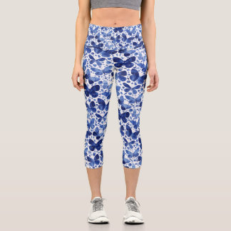 Butterfly Watercolor Indigo Blue Capri Leggings
