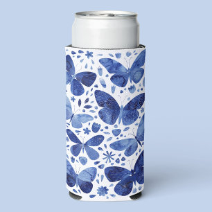 Butterfly Watercolor Indigo Blue Seltzer Can Cooler