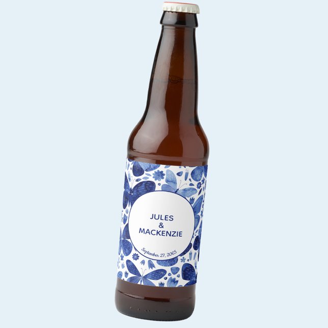 Butterfly Watercolor Indigo Blue Wedding Beer Bottle Label (Blue and white watercolor butterfly personalized wedding beer bottle label)