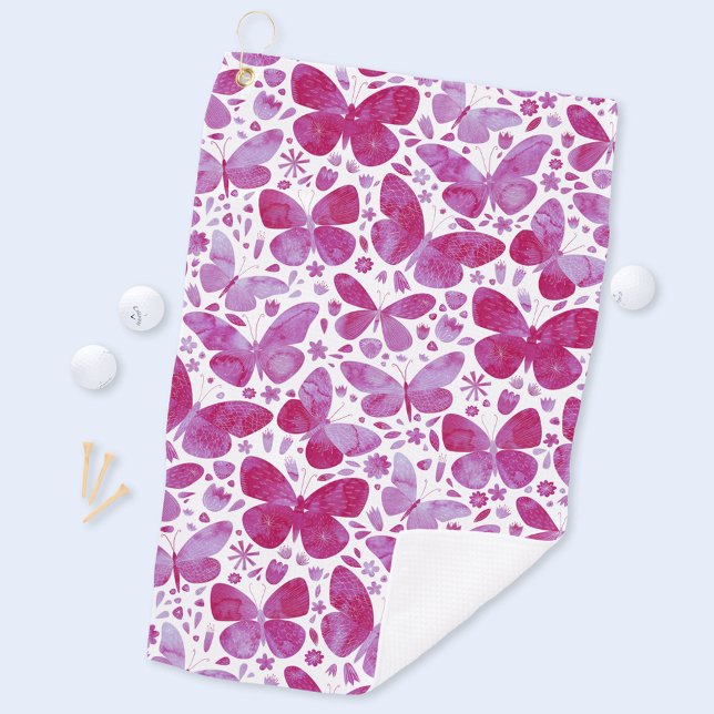 Butterfly Watercolor Magenta Hot Pink Golf Towel (Hot magenta pink and white watercolor butterfly pattern art golf towel)