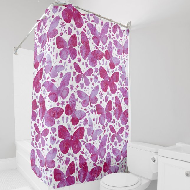 Butterfly Watercolor Magenta Pink Shower Curtain (Hot magenta pink watercolor butterfly pattern shower curtain)