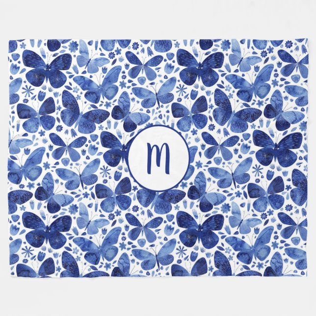 Butterfly Watercolor Pattern Monogram Fleece Blanket (Front (Horizontal))