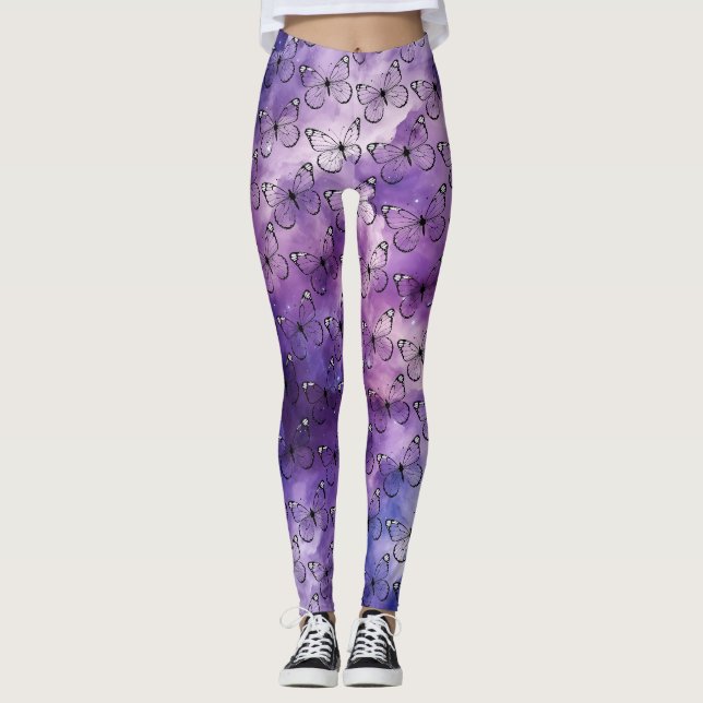 Butterfly Watercolor Pattern Purple Leggings (Front)
