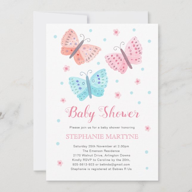 Butterfly Watercolor Pink Aqua Baby Shower Invitation (Front)