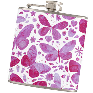 Butterfly Watercolor Pink Hip Flask