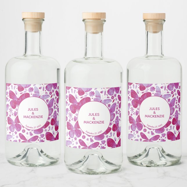 Butterfly Watercolor Pink Liquor Bottle Label (Bottles)