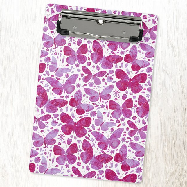 Butterfly Watercolor Pink Mini Clipboard (Magenta pink watercolor butterfly pattern mini clipboard)