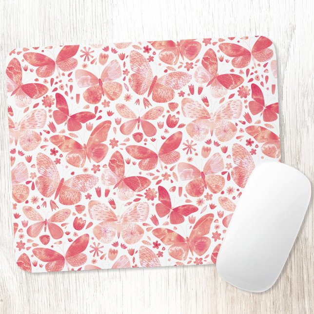 Butterfly Watercolor PInk Mouse Mat (Coral blush pink butterfly watercolor pattern  art mousemat)