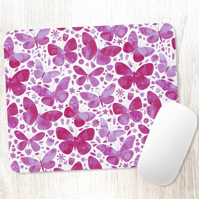 Butterfly Watercolor Pink Mouse Mat (Pink watercolor butterfly pattern  art mousemat)