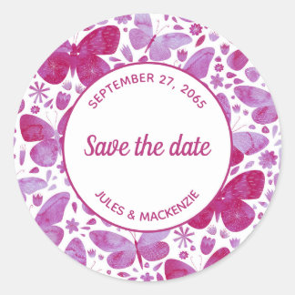Butterfly Watercolor Pink Save the Date Classic Round Sticker