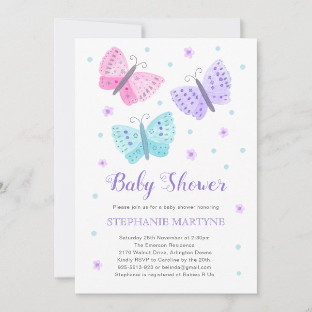 Butterfly Watercolor Purple Aqua Baby Shower Invitation (Front)