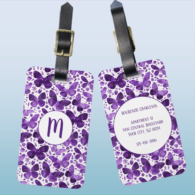 Butterfly Watercolor Purple Monogram Luggage Tag (Purple butterfly pattern personalized monogram initial luggage tag)