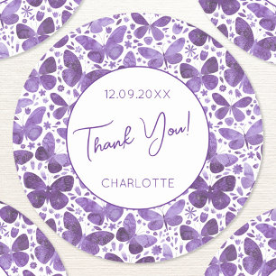 Butterfly Watercolor Purple Thank You Name Date Classic Round Sticker