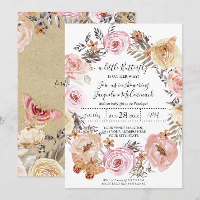 Butterfly Watercolor Wreath Pink Floral Baby Girl Invitation (Front/Back)
