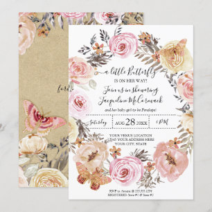 Butterfly Watercolor Wreath Pink Floral Baby Girl Invitation