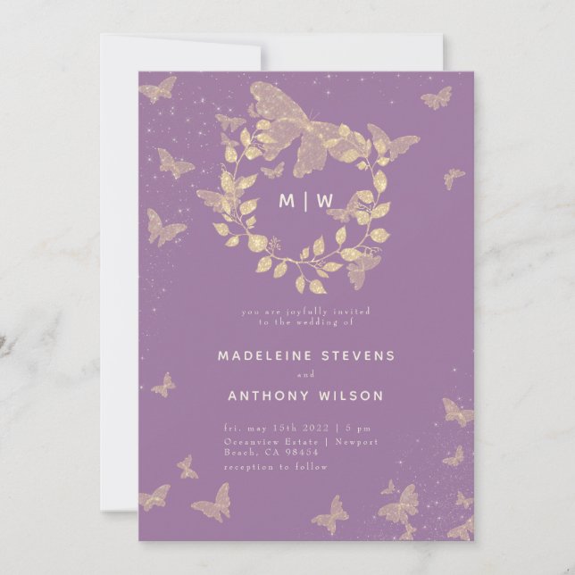 Butterfly Wedding Lavender Gold Monograms Elegant Invitation (Front)