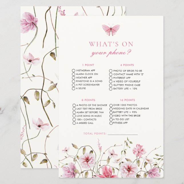 Butterfly What On Your Phone Bridal Shower Game (Front/Back)