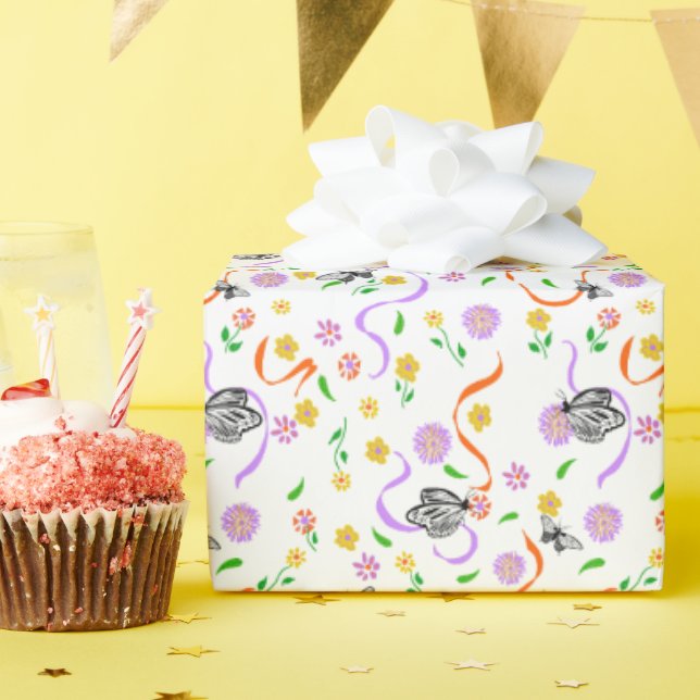 Butterfly White Lavender Floral Wrapping Paper (Birthday Party)