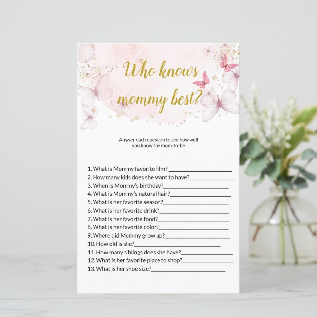 Butterfly Who knows mummy best Baby Shower Games (Standing Front)