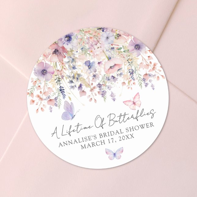 Butterfly Wildflower Bridal Shower Classic Round Sticker (Butterfly Wildflower Bridal Shower Classic Round Sticker)