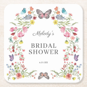 Butterfly Wildflower Bridal Shower Square Paper Coaster