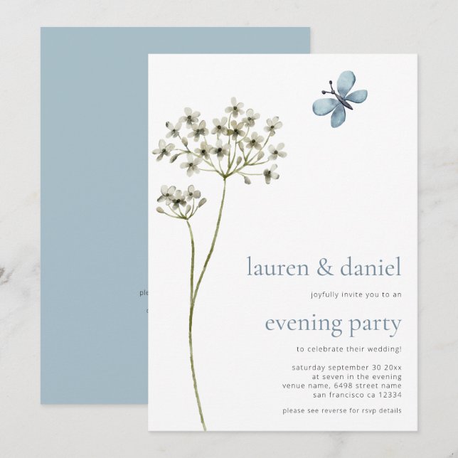 Butterfly Wildflower QR Blue Wedding Evening Party Invitation (Front/Back)