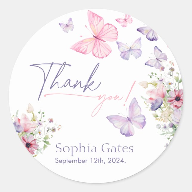 Butterfly Wildflower Thank You  Classic Round Sticker (Front)