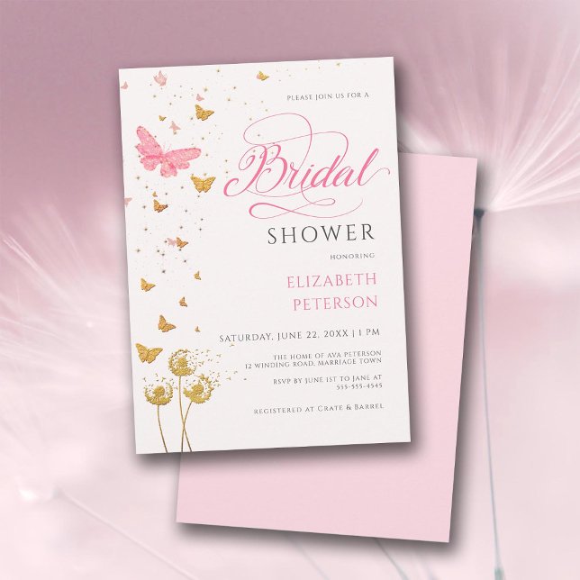 Butterfly Wildflowers Boho Garden Bridal Shower Invitation (pink and gold bridal shower invitation butterflies wildflowers elegant romantic boho rustic chic)