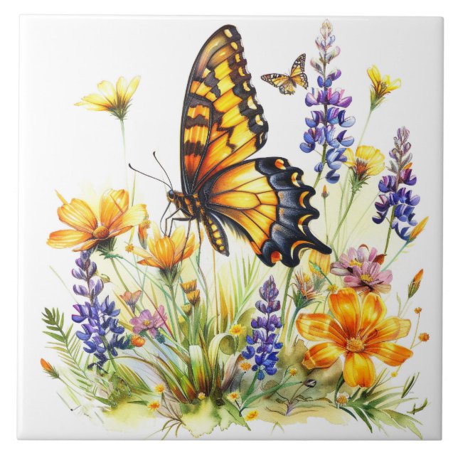 Butterfly & Wildflowers Ceramic Tile (Front)