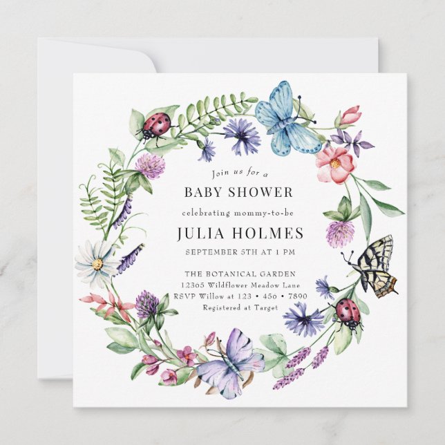 Butterfly Wildflowers Wreath Baby Shower Invitation (Front)