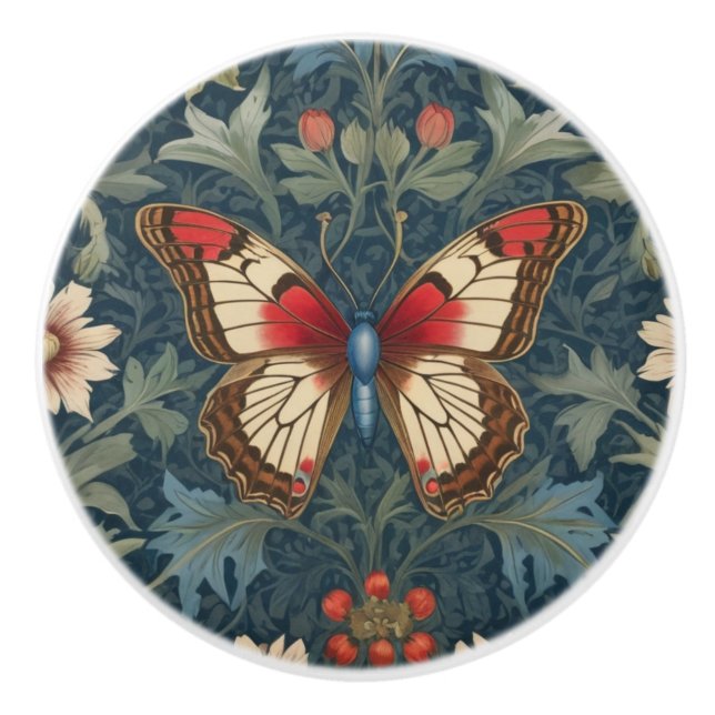 Butterfly William Morris style Blue & Red Floral Ceramic Knob (Front)