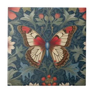 Butterfly William Morris style Blue & Red Floral Tile