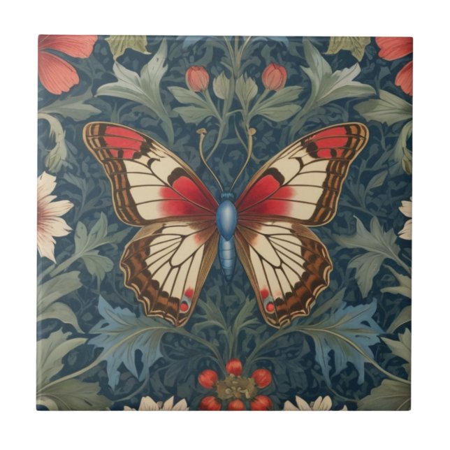 Butterfly William Morris style Blue & Red Floral Tile (Front)