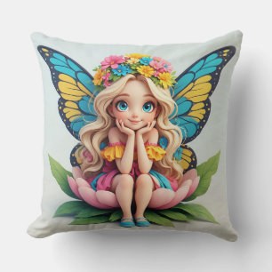 Butterfly Wing Fairy Girl Sitting In Flower Garden Cushion