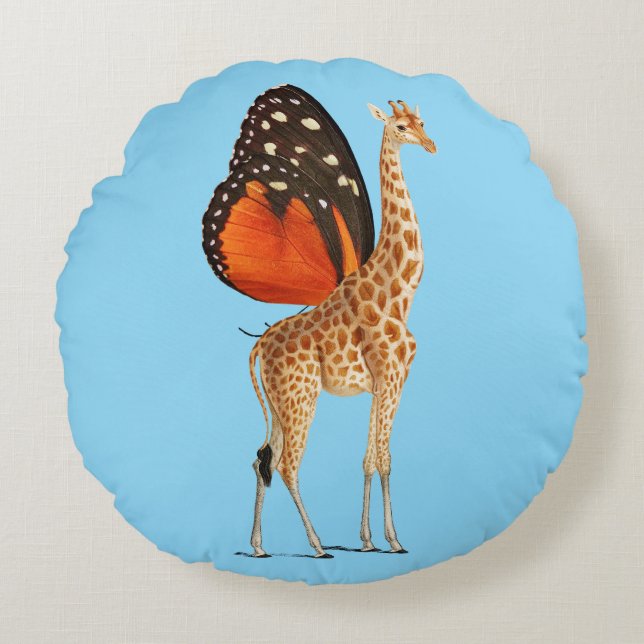 Butterfly winged giraffe (BLUE BKGRD Round Cushion (Front)